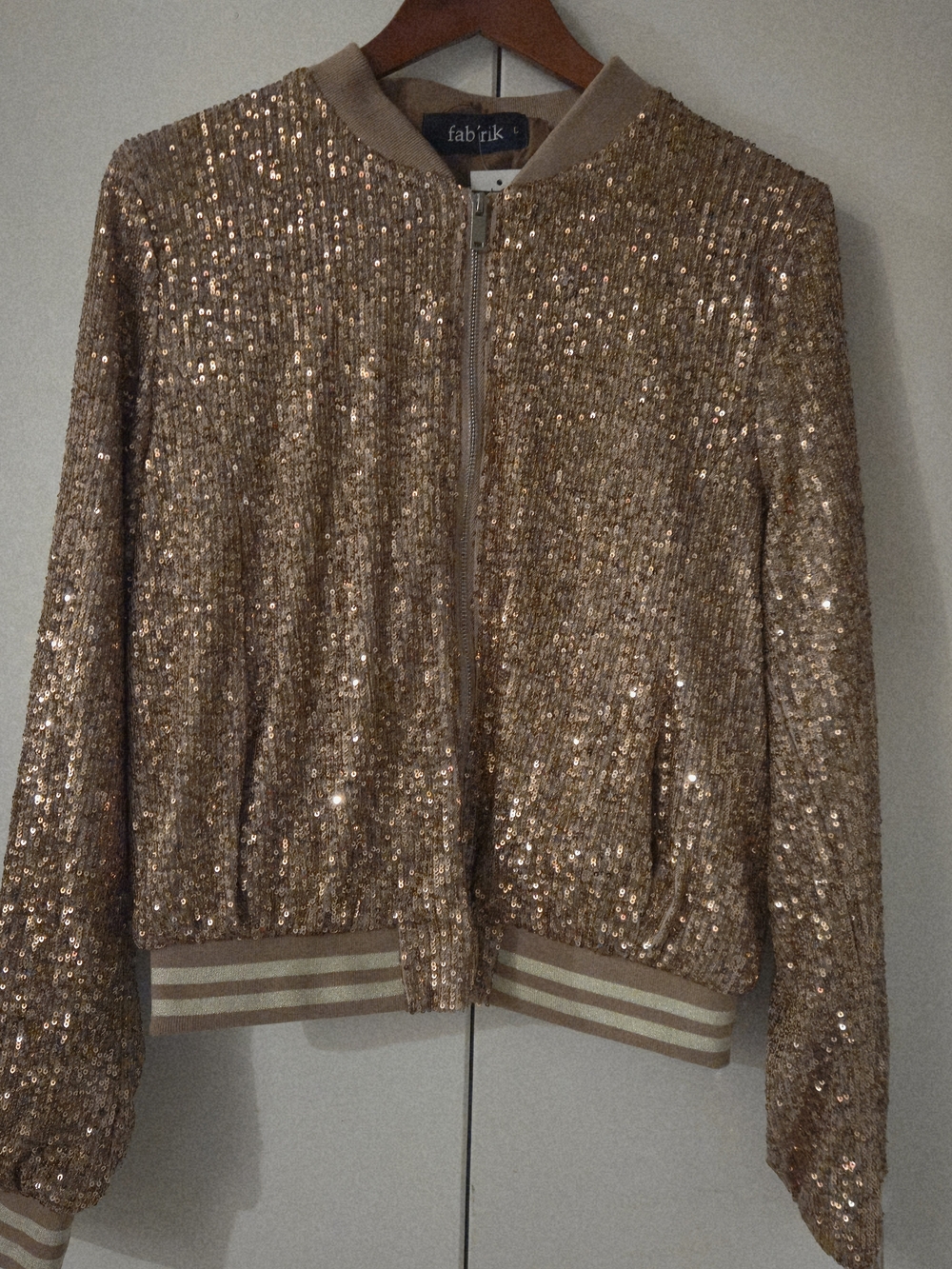 fab'rik Rose Gold Sequin Bomber Jacket